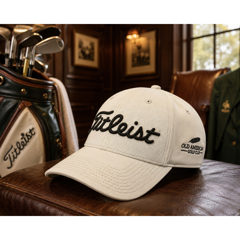 Titleist Old American Golf Club Performance Fitted Cap Hat M/L Off White Stretch